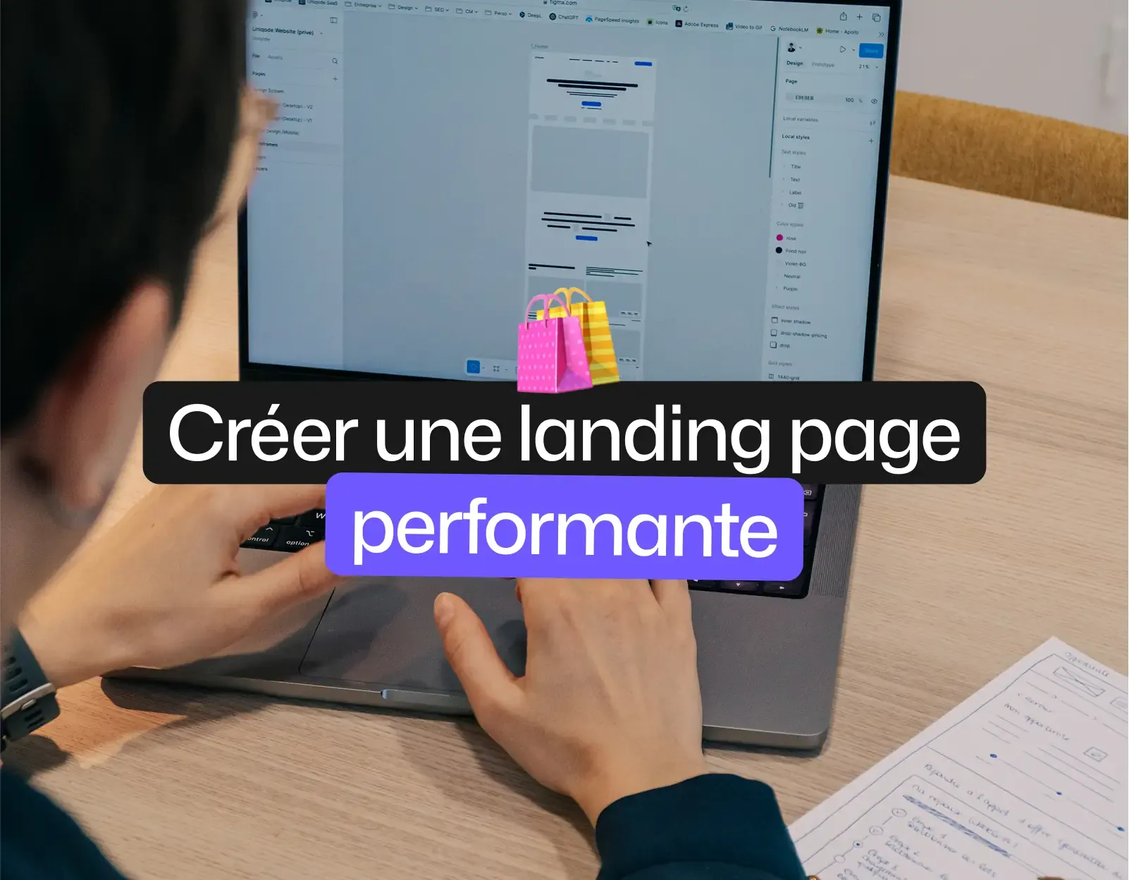 Femme de dos sur Figma avec titre créer une landing page performante